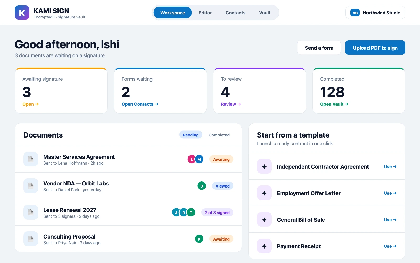 KamiSign dashboard